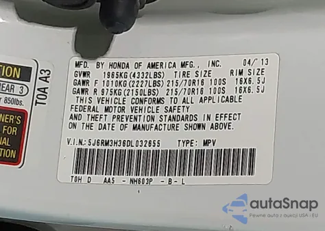 2013 Honda Cr-V Lx из США, поврежденный, VIN 5J6RM3H36DL032655